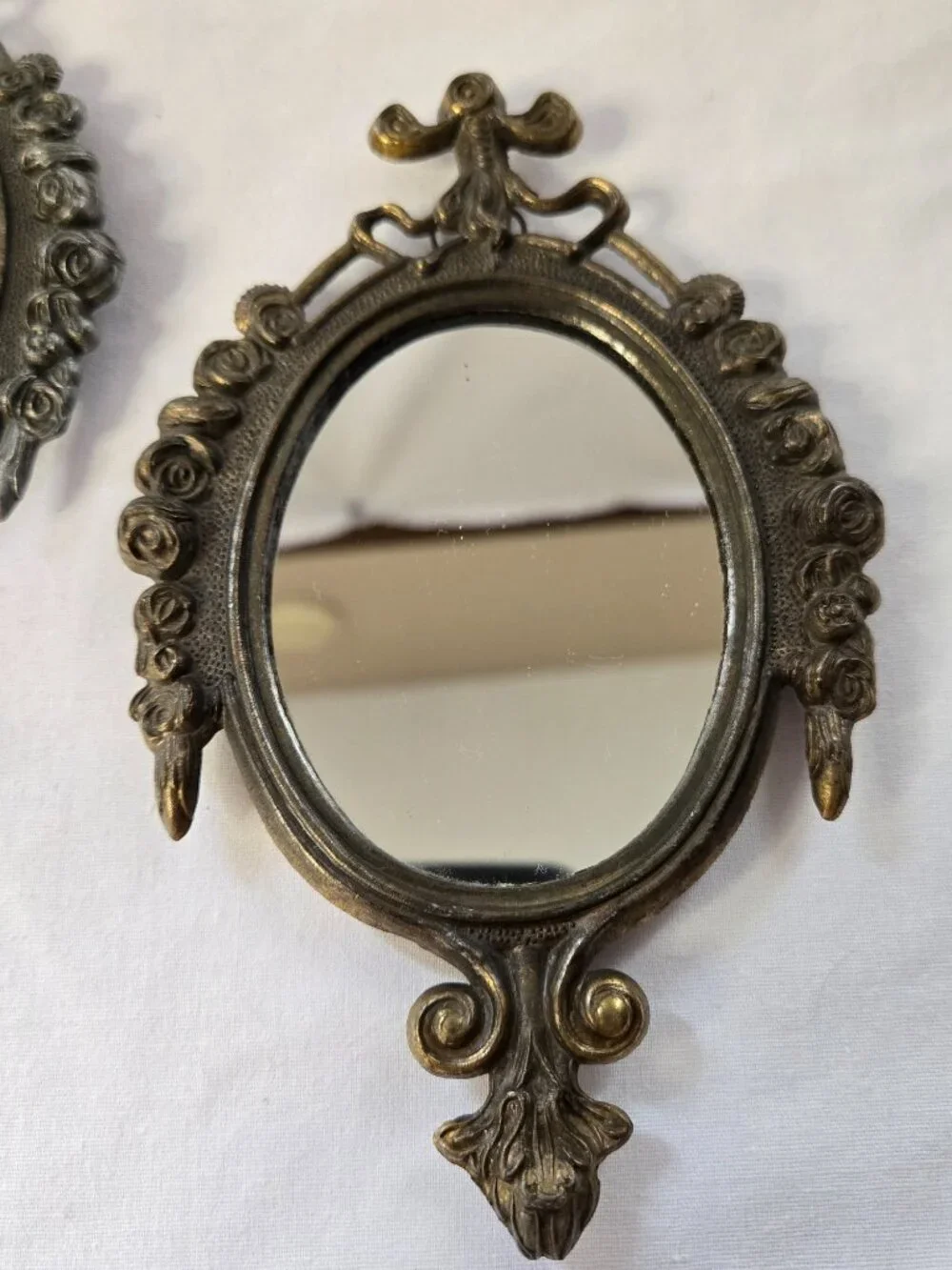 Vintage Italian Ornate Oval Wall Mirror Pair in Antiqued Brass Finish